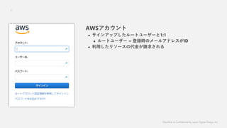 Classified as Confidential by Japan Digital Design, Inc.
5
AWS
? 󥢥åפ`ȥ``1:1
? `ȥ`` = hrΥ`륢ɥ쥹ID
? ä꥽`δՈ󤵤
 