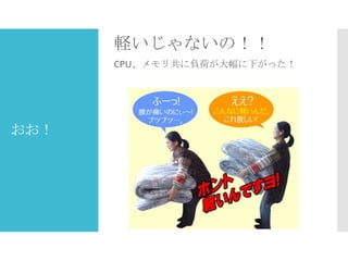 軽いじゃないの！！
CPU、メモリ共に負荷が大幅に下がった！

おお！

 