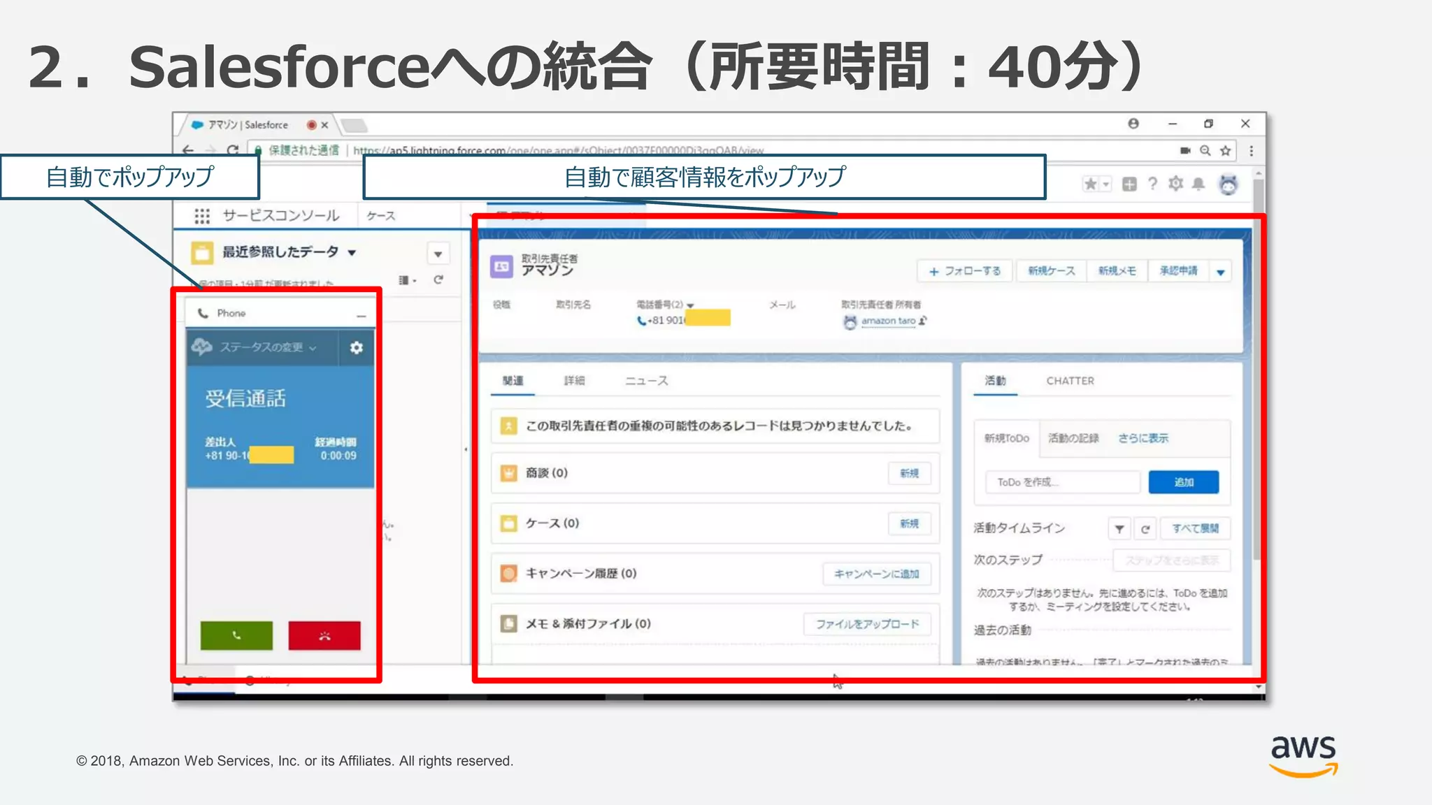 © 2018, Amazon Web Services, Inc. or its Affiliates. All rights reserved.
２．Salesforceへの統合（所要時間：40分）
自動でポップアップ 自動で顧客情報をポップアップ
 