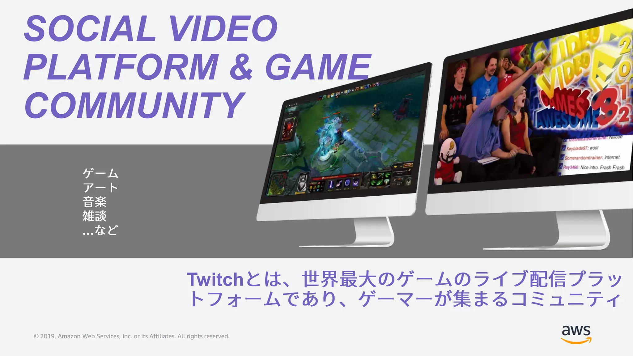© 2019, Amazon Web Services, Inc. or its Affiliates. All rights reserved.
Twitch
SOCIAL VIDEO
PLATFORM & GAME
COMMUNITY
…
 