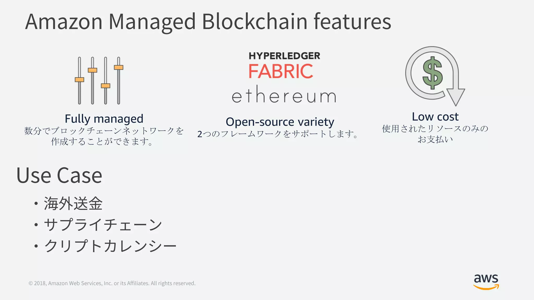 Low cost
使用されたリソースのみの
お支払い
Open-source variety
2つのフレームワークをサポートします。
Fully managed
数分でブロックチェーンネットワークを
作成することができます。
 