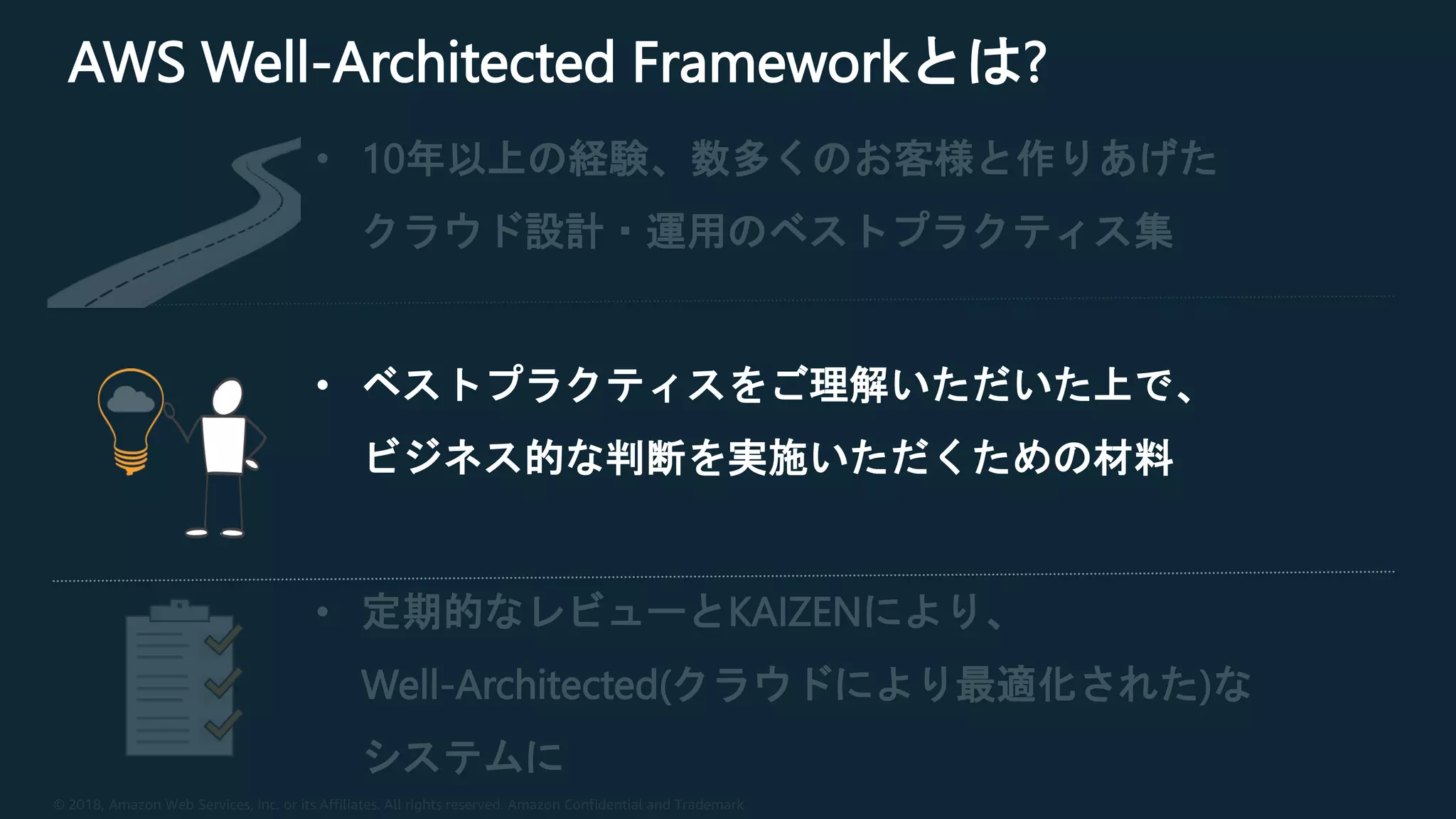 © 2018, Amazon Web Services, Inc. or its Affiliates. All rights reserved. Amazon Confidential and Trademark
AWS Well-Architected Frameworkとは?
• 10年以上の経験、数多くのお客様と作りあげた
クラウド設計・運用のベストプラクティス集
• ベストプラクティスをご理解いただいた上で、
ビジネス的な判断を実施いただくための材料
• 定期的なレビューとKAIZENにより、
Well-Architected(クラウドにより最適化された)な
システムに
 