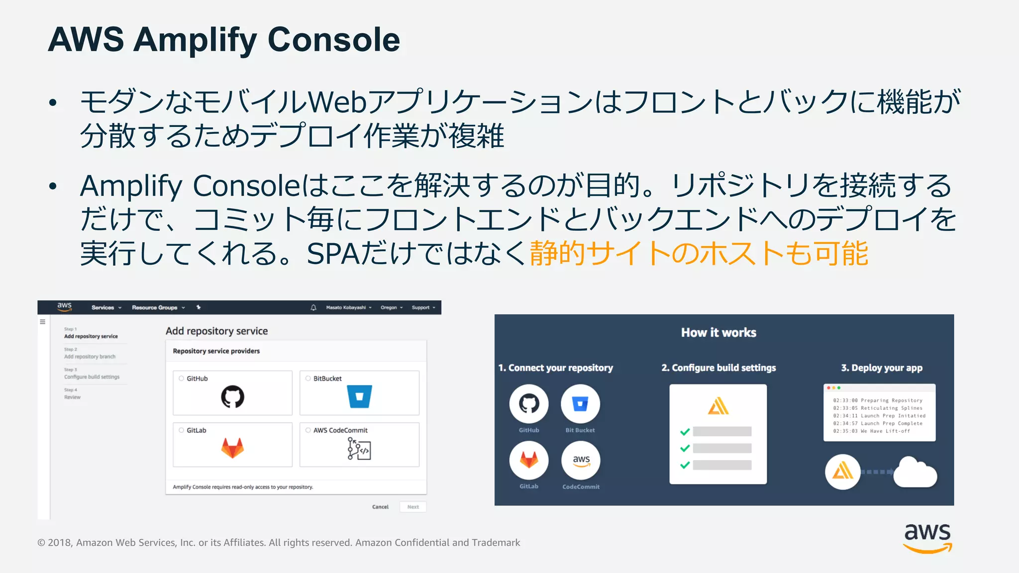 © 2018, Amazon Web Services, Inc. or its Affiliates. All rights reserved. Amazon Confidential and Trademark
AWS Amplify Console
• モダンなモバイルWebアプリケーションはフロントとバックに機能が
分散するためデプロイ作業が複雑
• Amplify Consoleはここを解決するのが目的。リポジトリを接続する
だけで、コミット毎にフロントエンドとバックエンドへのデプロイを
実行してくれる。SPAだけではなく静的サイトのホストも可能
 