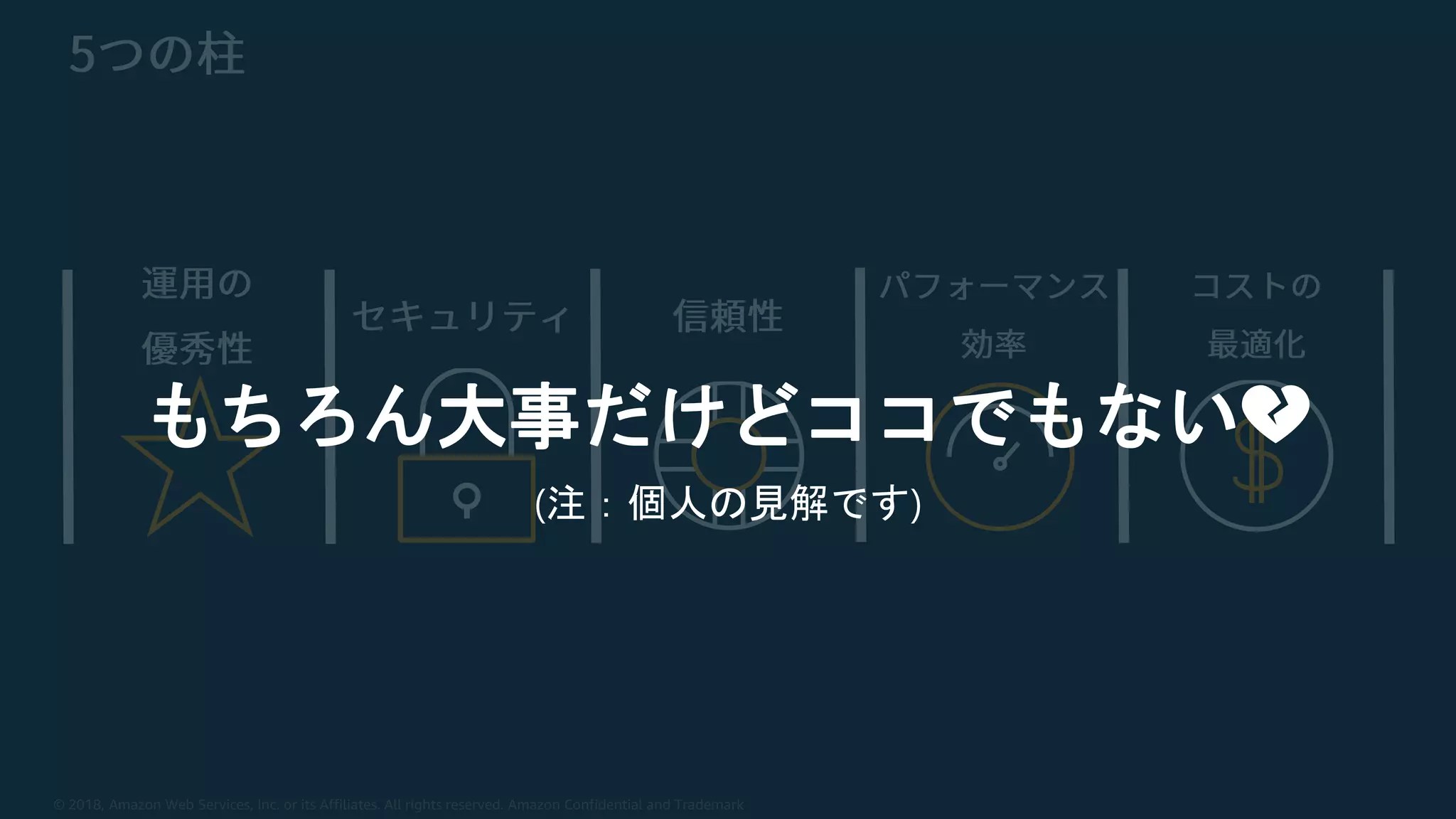 © 2018, Amazon Web Services, Inc. or its Affiliates. All rights reserved. Amazon Confidential and Trademark
もちろん大事だけどココでもない💔
(注：個人の見解です)
 