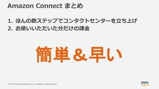 © 2018, Amazon Web Services, Inc. or its Affiliates. All rights reserved.
Amazon Connect まとめ
1. ほんの数ステップでコンタクトセンターを立ち上げ
2....