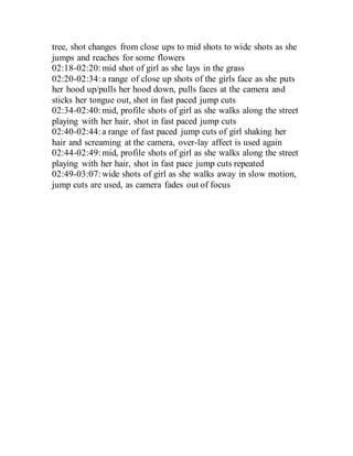 tree, shot changes from close ups to mid shots to wide shots as she
jumps and reaches for some flowers
02:18-02:20:mid shot of girl as she lays in the grass
02:20-02:34:a range of close up shots of the girls face as she puts
her hood up/pulls her hood down, pulls faces at the camera and
sticks her tongue out, shot in fast paced jump cuts
02:34-02:40:mid, profile shots of girl as she walks along the street
playing with her hair, shot in fast paced jump cuts
02:40-02:44:a range of fast paced jump cuts of girl shaking her
hair and screaming at the camera, over-lay affect is used again
02:44-02:49:mid, profile shots of girl as she walks along the street
playing with her hair, shot in fast pace jump cuts repeated
02:49-03:07:wide shots of girl as she walks away in slow motion,
jump cuts are used, as camera fades out of focus
 