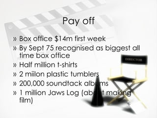 Pay off Box office $14m first week By Sept 75 recognised as biggest all time box office Half million t-shirts 2 miilon plastic tumblers 200,000 soundtack albums 1 million Jaws Log (about making film) 