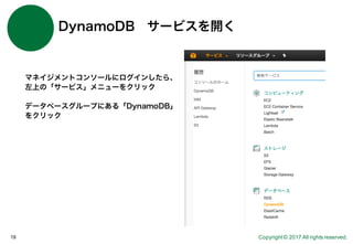 Copyright © 2017 All rights reserved.18
DynamoDB サービスを開く
マネイジメントコンソールにログインしたら、左上の
「サービス」メニューをクリック
データベースグループにある「DynamoDB」を...