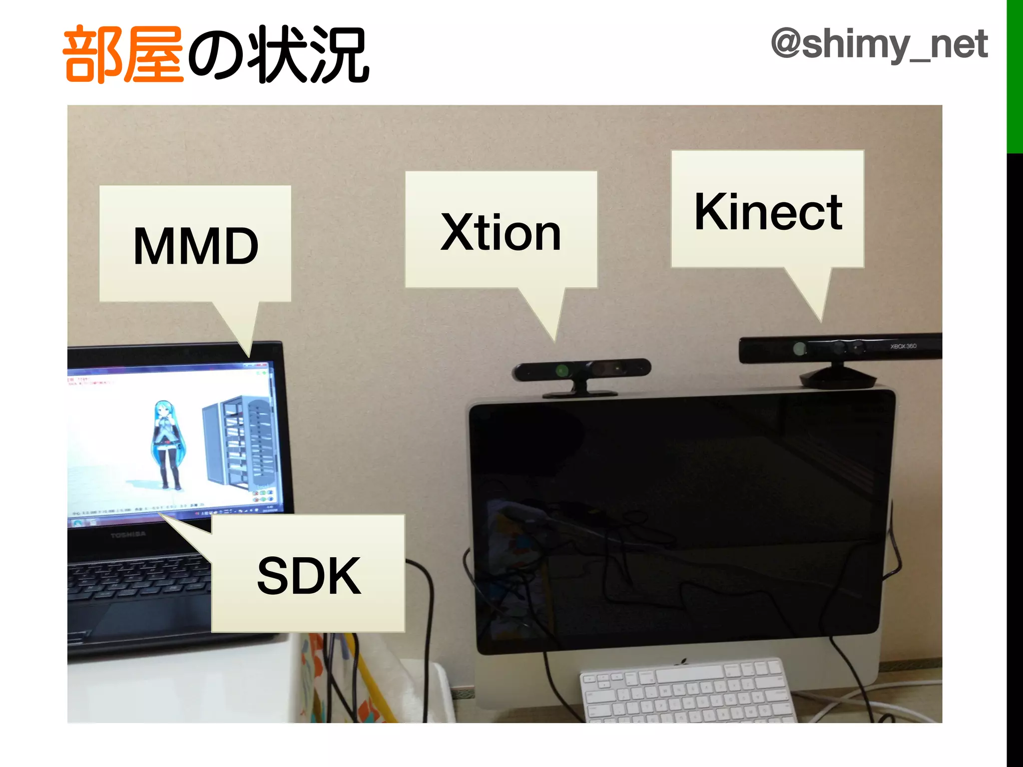 @shimy_net!
部屋の状況!

           Xtion!   Kinect!
 MMD!




    SDK!
 
