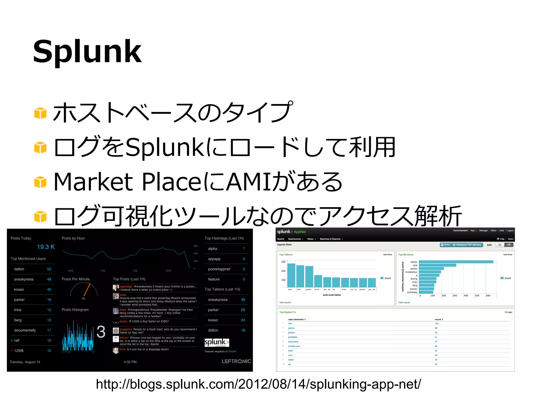 3333
JAWS DAYS 2014
Sumo  Logic
! SaaSっぽいタイプ
!  S3上のログを解析してくれる
!  ログの量量は500MB/⽇日まで無料料
!  グラフを⾃自由に作り込める
 