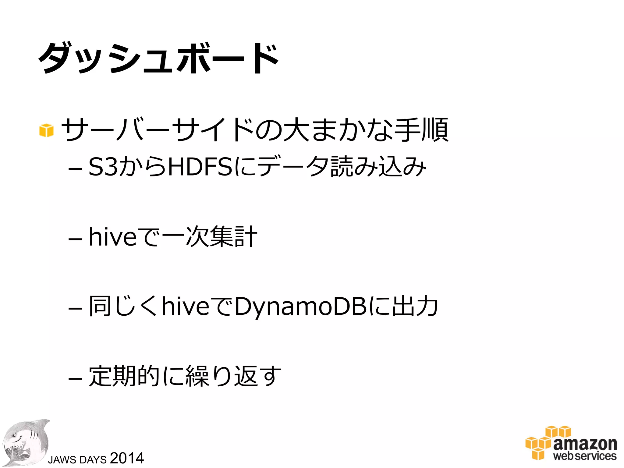 4444
JAWS DAYS 2014
ダッシュボード（定常的レポート）
!  DynamoDB  +  Javascript  SDK
S3DistCp AWS SDK
LINQ.JS
D3.js
指定したインターバルごとに起動
EC2やRDSなどのインスタンスものを1箇所も使わずに済む
↓
運⽤用の⼿手間なし！
 