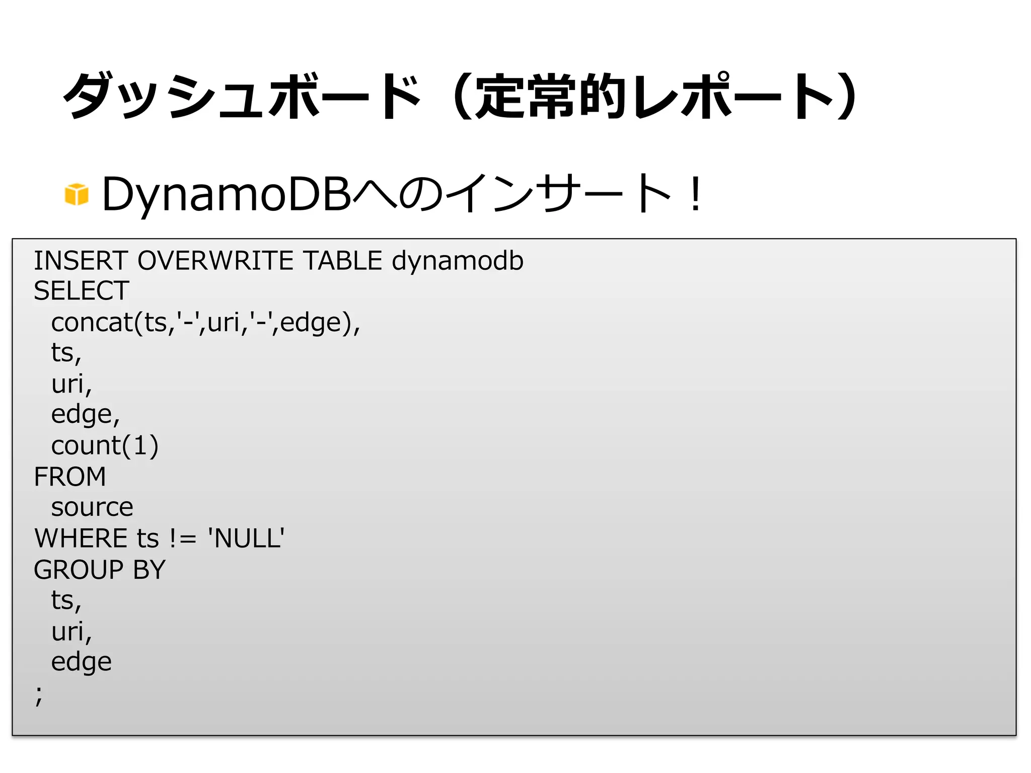 4848
JAWS DAYS 2014
ダッシュボード（定常的レポート）
! DyamoDBのテーブル
 