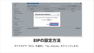 ダイアログで「EC2」を選択し「Yes, Allocate」をクリックします。
EIPの設定方法
 