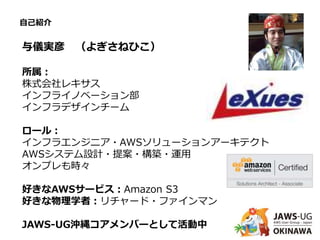 自己紹介
与儀実彦 （よぎさねひこ）
所属：
株式会社レキサス
インフライノベーション部
インフラデザインチーム
ロール：
インフラエンジニア・AWSソリューションアーキテクト
AWSシステム設計・提案・構築・運用
オンプレも時々
好きなAWSサービス：Amazon S3
好きな物理学者：リチャード・ファインマン
JAWS-UG沖縄コアメンバーとして活動中
 