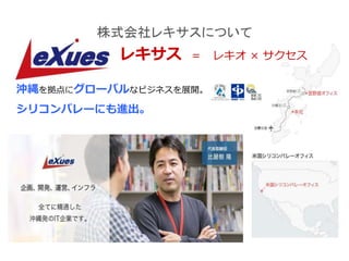株式会社レキサスについて
レキサス ＝ レキオ × サクセス
沖縄を拠点にグローバルなビジネスを展開。
シリコンバレーにも進出。
 