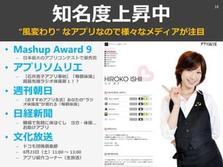 知名度上昇中
”風変わり” なアプリなので様々なメディアが注目
• Mashup Award 9
– 日本最大のアプリコンテストで優秀賞
• アプリソムリエ
– 【石井寛子アプリ事始】「毎朝体操」
超最先端ラジオ体操第１！？
• 週刊朝日
– 【おすすめアプリ生活】あなたの“ラジ
オ体操度”が測れる「毎朝体操」
• 日経新聞
– 職場で気軽に体ほぐし ヨガ・体操…
お助けアプリ
• 文化放送
– ドコモ団塊倶楽部
– 8月23日（土）11:00 ～ 13:00
– アプリ紹介コーナー（生放送）
18
 