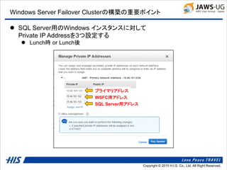 Copyright © 2014 H.I.S. Co., Ltd. All Right Reserved.Copyright © 2015 H.I.S. Co., Ltd. All Right Reserved.
Windows Server Failover Clusterの構築の重要ポイント
 SQL Server用のWindows インスタンスに対して
Private IP Addressを3つ設定する
 Lunch時 or Lunch後
プライマリアドレス
WSFC用アドレス
SQL Server用アドレス
 