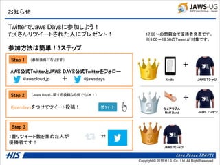 Copyright © 2014 H.I.S. Co., Ltd. All Right Reserved.Copyright © 2015 H.I.S. Co., Ltd. All Right Reserved.
@jawsdays
参加方法は簡単！3ステップ
@awscloud_jp ＋
#jawsdaysをつけてツイート投稿！
1番リツイート数を集めた人が
優勝者です！
AWS公式TwitterとJAWS DAYS公式Twitterをフォロー
??
17:00～の懇親会で優勝者発表です。
※9:00～16:50のTweetが対象です。
＋
Kindle JAWS Tシャツ
＋
ウェアラブル
Moff Band JAWS Tシャツ
Step 1 （参加条件になります）
Step 2
Step 3
（Jaws Daysに関する投稿なら何でもOK！）
JAWS Tシャツ
お知らせ
TwitterでJaws Daysに参加しよう！
たくさんリツイートされた人にプレゼント！
 