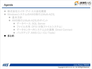 Copyright © 2014 H.I.S. Co., Ltd. All Right Reserved.Copyright © 2015 H.I.S. Co., Ltd. All Right Reserved.
Agenda
 株式会社エイチ・アイ・エス会社概要
 WindowsシステムのAWS移行とMulti-AZ化
 基本方針
 AWS移行とMulti-AZ化のポイント
 データベース：SQL Server
 ファイル共有：DFS（分散ファイルシステム）
 データセンター内システムとの連携：Direct Connect
 バックアップ：AWS CLI （CLI Tools）
 まとめ
 