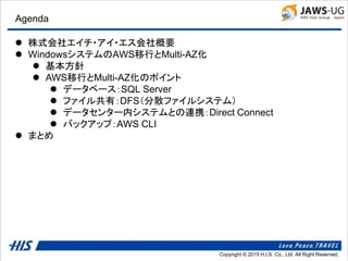 Copyright © 2014 H.I.S. Co., Ltd. All Right Reserved.Copyright © 2015 H.I.S. Co., Ltd. All Right Reserved.
Agenda
 株式会社エイチ・アイ・エス会社概要
 WindowsシステムのAWS移行とMulti-AZ化
 基本方針
 AWS移行とMulti-AZ化のポイント
 データベース：SQL Server
 ファイル共有：DFS（分散ファイルシステム）
 データセンター内システムとの連携：Direct Connect
 バックアップ：AWS CLI
 まとめ
 