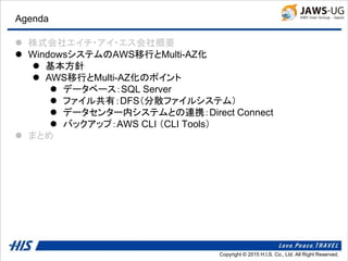 Copyright © 2014 H.I.S. Co., Ltd. All Right Reserved.Copyright © 2015 H.I.S. Co., Ltd. All Right Reserved.
Agenda
 株式会社エイチ・アイ・エス会社概要
 WindowsシステムのAWS移行とMulti-AZ化
 基本方針
 AWS移行とMulti-AZ化のポイント
 データベース：SQL Server
 ファイル共有：DFS（分散ファイルシステム）
 データセンター内システムとの連携：Direct Connect
 バックアップ：AWS CLI （CLI Tools）
 まとめ
 