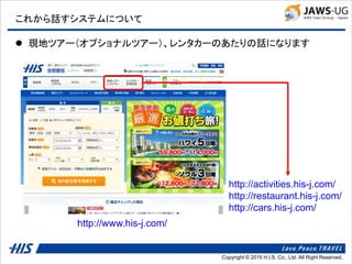 Copyright © 2014 H.I.S. Co., Ltd. All Right Reserved.Copyright © 2015 H.I.S. Co., Ltd. All Right Reserved.
これから話すシステムについて
 現地ツアー（オプショナルツアー）、レンタカーのあたりの話になります
http://activities.his-j.com/
http://restaurant.his-j.com/
http://cars.his-j.com/
http://www.his-j.com/
 