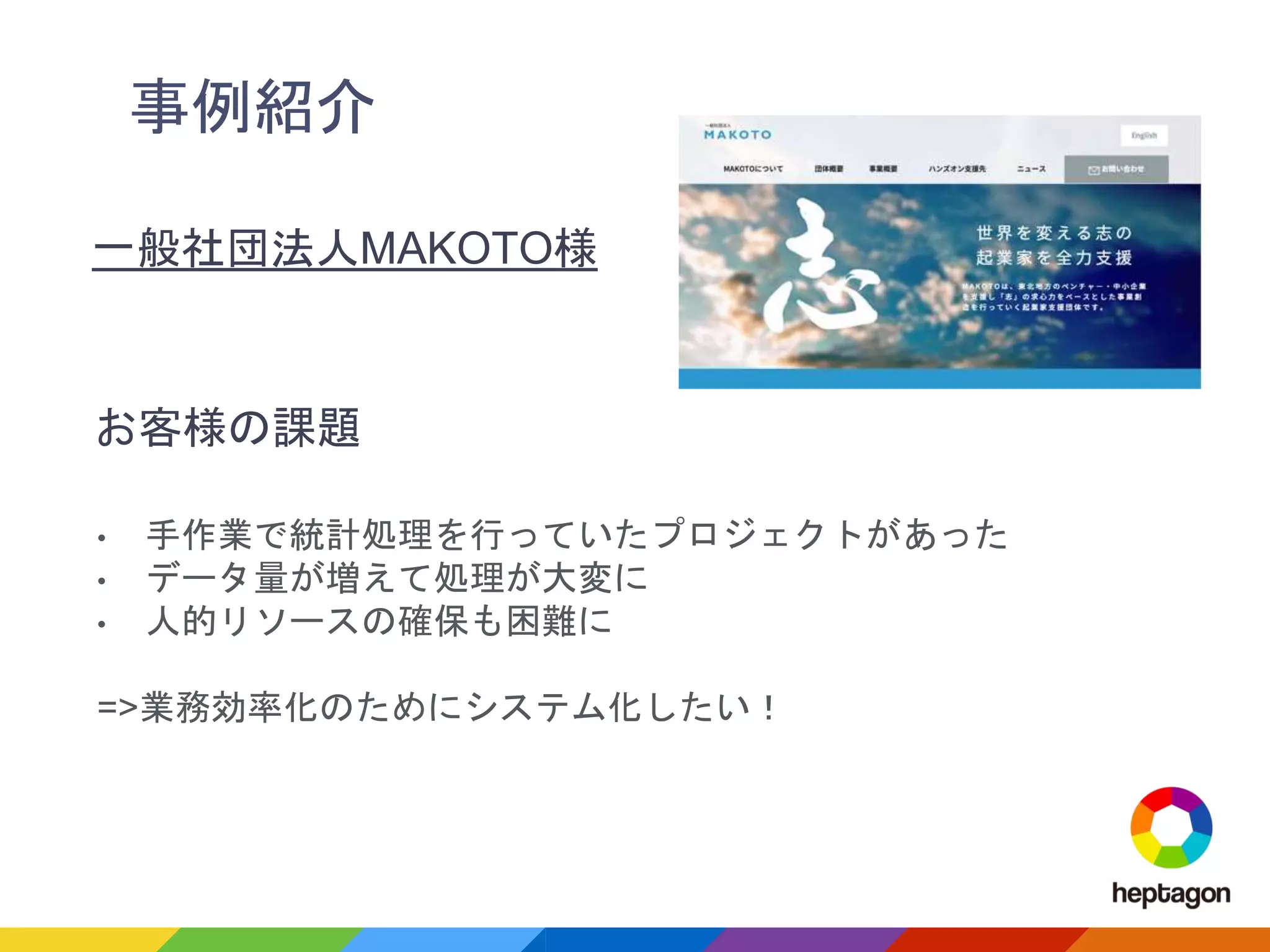 事例紹介
一般社団法人MAKOTO様
お客様の課題
• 手作業で統計処理を行っていたプロジェクトがあった
• データ量が増えて処理が大変に
• 人的リソースの確保も困難に
=>業務効率化のためにシステム化したい！
 