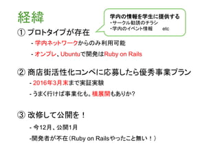 経緯
② 商店街活性化コンペに応募したら優秀事業プラン
- 2016年3月末まで実証実験
- うまく行けば事業化も。横展開もありか?
③ 改修して公開を！
- 今12月、公開1月
-開発者が不在（Ruby on Railsやったこと無い！）
① プロトタイプが存在
- 学内ネットワークからのみ利用可能
- オンプレ、Ubuntuで開発はRuby on Rails
学内の情報を学生に提供する
・サークル勧誘のチラシ
・学内のイベント情報 etc
 