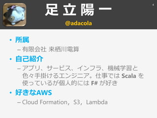 足 立 陽 一
@adacola
• 所属
– 有限会社 来栖川電算
• 自己紹介
– アプリ、サービス、インフラ、機械学習と
色々手掛けるエンジニア。仕事では Scala を
使っているが個人的には F# が好き
• 好きなAWS
– Clo...