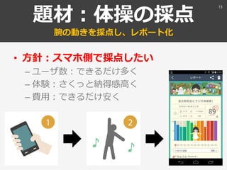 題材：体操の採点
腕の動きを採点し、レポート化
• 方針：スマホ側で採点したい
– ユーザ数：できるだけ多く
– 体験：さくっと納得感高く
– 費用：できるだけ安く
13
 