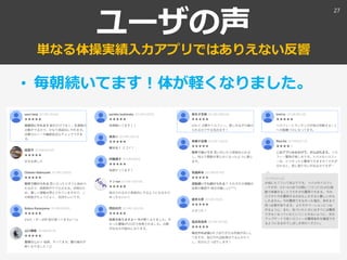 ユーザの声
単なる体操実績入力アプリではありえない反響
• 毎朝続いてます！体が軽くなりました。
27
 