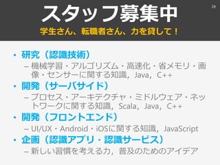 スタッフ募集中
学生さん、転職者さん、力を貸して！
• 研究（認識技術）
– 機械学習・アルゴリズム・高速化・省メモリ・画
像・センサーに関する知識，Java，C++
• 開発（サーバサイド）
– プロセス・アーキテクチャ・ミドルウェア・ネッ
トワークに関する知識，Scala，Java，C++
• 開発（フロントエンド）
– UI/UX・Android・iOSに関する知識，JavaScript
• 企画（認識アプリ・認識サービス）
– 新しい習慣を考える力，普及のためのアイデア
29
 