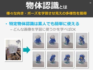 物体認識とは
様々な向き・ポーズを学習させ見えの多様性を獲得
• 特定物体認識は素人でも簡単に使える
– どんな画像を学習に使うかを学べばOK
38
 