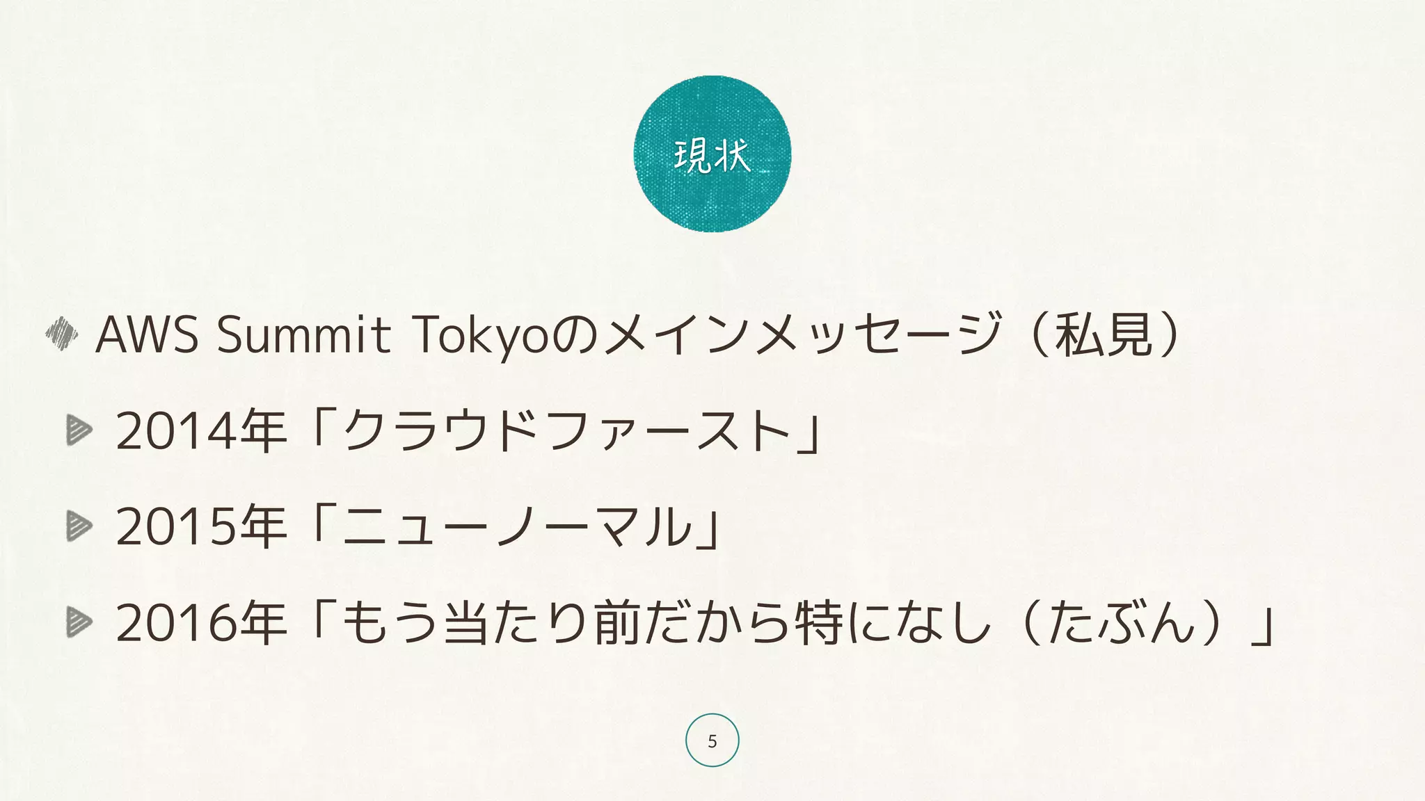 5
AWS Summit Tokyoのメインメッセージ（私見）
2014年「クラウドファースト」
2015年「ニューノーマル」
2016年「もう当たり前だから特になし（たぶん）」
 