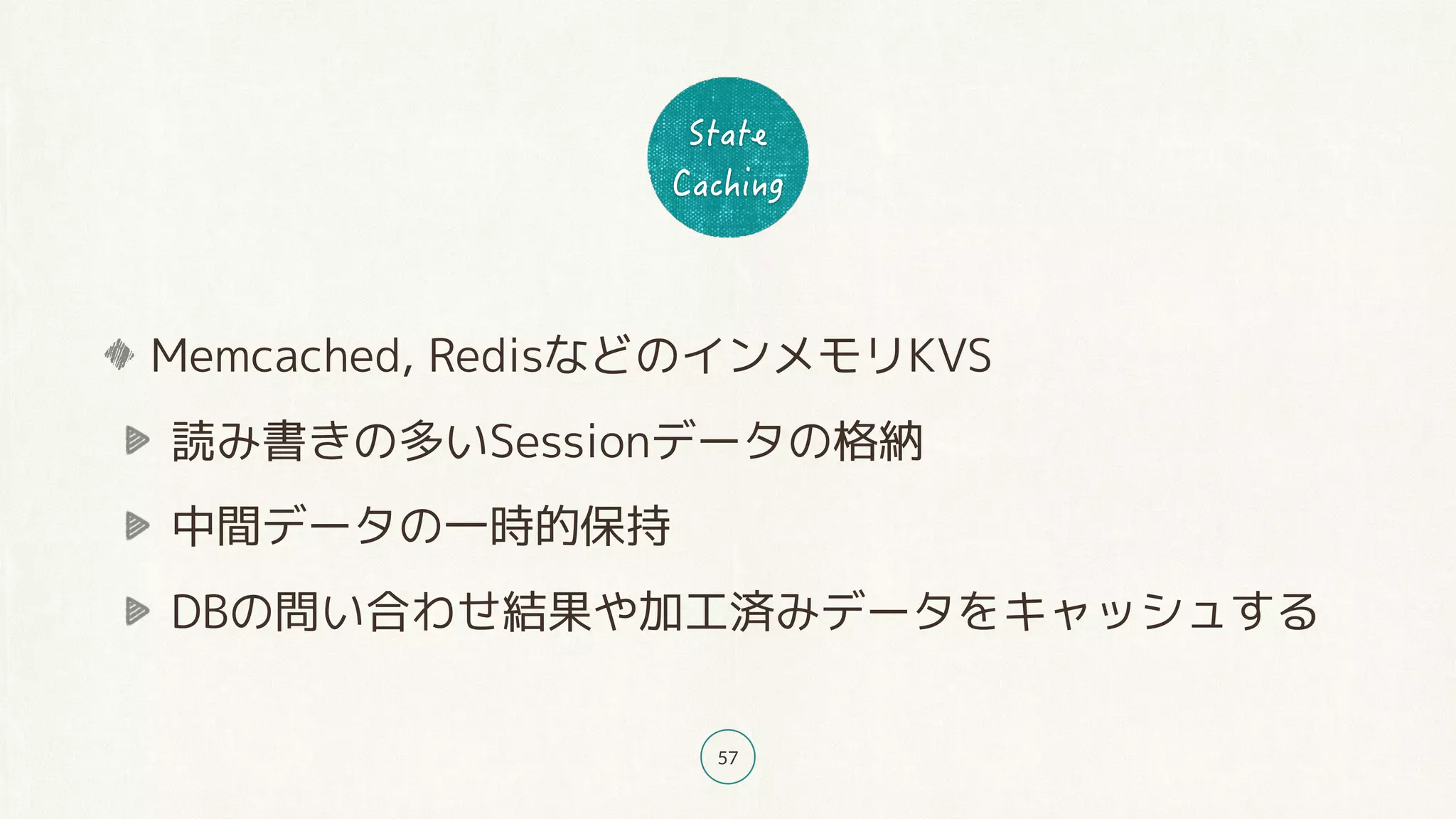 57
Memcached, RedisなどのインメモリKVS
読み書きの多いSessionデータの格納
中間データの一時的保持
DBの問い合わせ結果や加工済みデータをキャッシュする
 