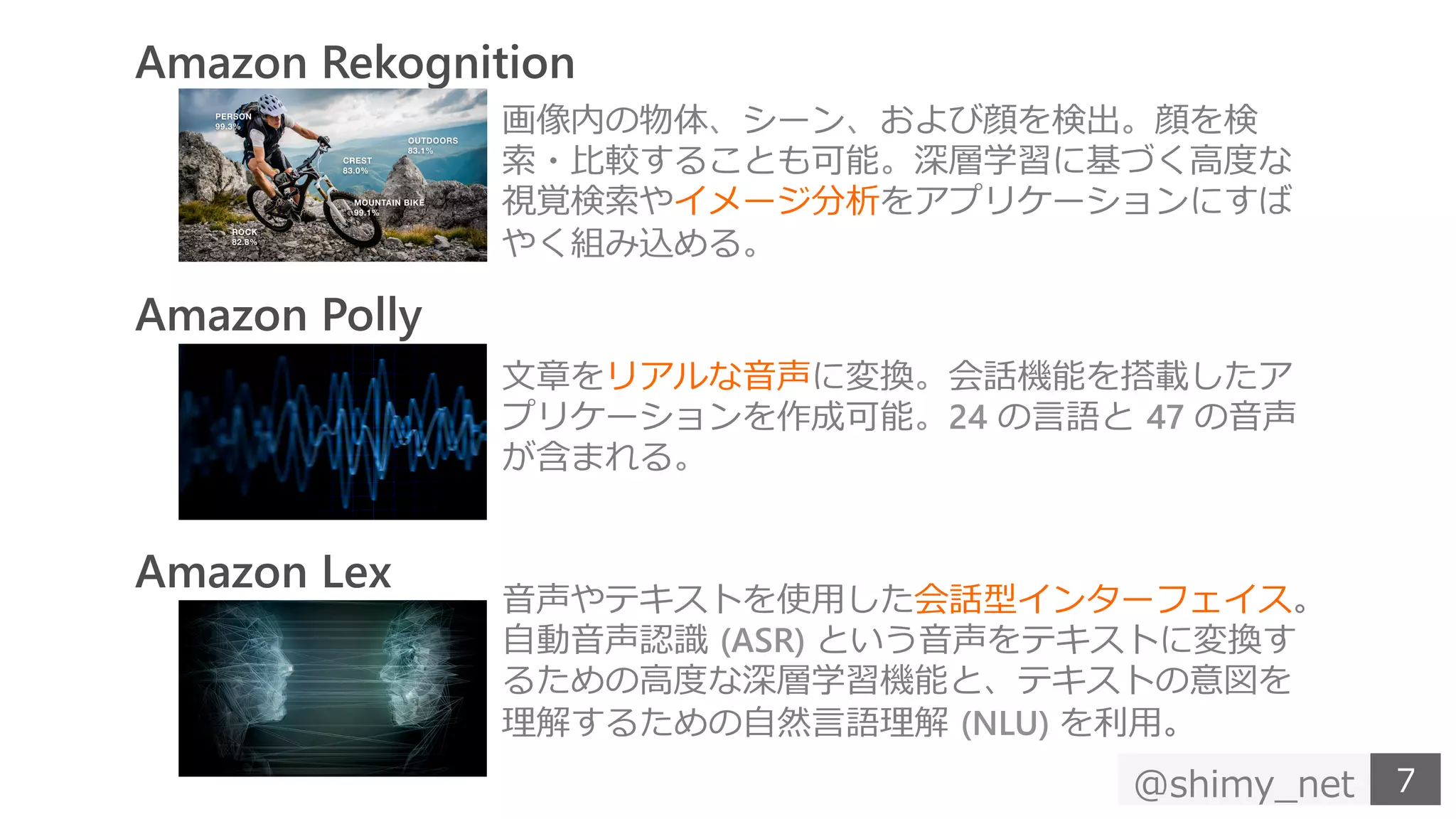 Amazon Rekognition
Amazon Polly
Amazon Lex
B BJ
D e W Y –
i s h o Y
_ ae
h Y h
o 24 W 47
e
ty i it
(ASR) W tyY
e a – WB ty
e a (NLU)
9 @6 8