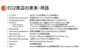 EC2周辺の要素・用語
• リージョン AWSサービスを提供している地域区分
• VPC（Virtual Private Cloud） 仮想的なネットワークセグメントを構成
• AZ（Availability Zone） 物理的に離れた場所にあるホスティングセグメント
• サブネット VPCを用途に応じ、複数ネットワークセグメントに分割
• Public サブネット グローバルIP付与すればインターネット外部と直接通信可能
• Private サブネット インターネットと直接通信不可。外へ出る通信はNAT GateWayを介する
• NAT Gateway インターネットと直接通信できないインスタンスのNAT機能を提供
• ELB（Elastic Load Balancer） 負荷分散機能（Classic LBとApplication LBがある）
• Direct Connect AWSとオンプレ環境を接続
• セキュリティグループ ネットワークのin/out を制御する「ファイヤウォール」
• EBS (Elastic Block Storage) 仮想マシンにマウントする仮想ディスク
• CloudFront CDN（Contents Delivery Network）
• Route53 DNS機能を提供
• ACM Amazonが認証局となりSSL証明書を発行（ELB、CloudFrontに利用）
 