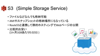 S3 (Simple Storage Service)
• ファイルなどなんでも格納可能
• AMIやスナップショットの格納場所にもなっている
• Route53と連携して静的ホスティングでWebページの公開
• 比較的お安い
(1ヶ月1GBあたり0.025$ )
 