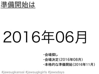 ・会場探し
・会場決定（2016年08月）
・本格的な準備開始（2016年11月）
 