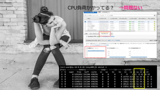 CPU負荷かかってる？ →問題ない
[ec2-user@ip-10-0-0-28 tokyo001]$ vmstat 2
procs -----------memory---------- ---swap-- -----io---- --system-- -----cpu-----
r b swpd free buff cache si so bi bo in cs us sy id wa st
6 0 0 6392492 192204 498296 0 0 0 1 0 2 13 6 62 0 19
4 0 0 6392524 192204 498296 0 0 0 0 19759 42371 55 34 11 0 0
4 0 0 6391192 192204 498296 0 0 0 0 19970 42467 54 35 11 0 0
3 0 0 6390252 192204 498296 0 0 0 0 19662 42541 55 34 11 0 1
4 0 0 6383068 192204 498296 0 0 0 0 20126 42574 56 33 11 0 0
3 0 0 6382108 192204 498296 0 0 0 0 19856 42586 54 34 11 0 0
 