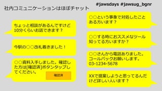社内コミュニケーションはほぼチャット
ちょっと相談があるんですけど
10分くらいお話できます？
○○という事象で対処したこと
ある方います？
今駅の○○改札着きました！
○○する時におススメなツール
知ってる方いますか？
○○資料入手しました。確認し
た方は[確認済]ボタンタップし
てください。
確認済
○○さんから電話ありました。
コールバックお願いします。
03-1234-5678
XXで提案しようと思ってるんだ
けど詳しい人います？
#jawsdays #jawsug_bgnr
 