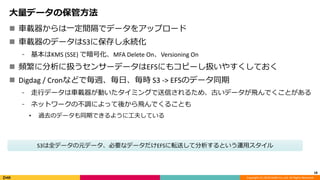 Copyright (C) 2018 DeNA Co.,Ltd. All Rights Reserved.
大量データの保管方法
 車載器からは一定間隔でデータをアップロード
 車載器のデータはS3に保存し永続化
⁃ 基本はKMS (SSE) で暗号化、MFA Delete On、Versioning On
 頻繁に分析に扱うセンサーデータはEFSにもコピーし扱いやすくしておく
 Digdag / Cronなどで毎週、毎日、毎時 S3 -> EFSのデータ同期
⁃ 走行データは車載器が動いたタイミングで送信されるため、古いデータが飛んでくことがある
⁃ ネットワークの不調によって後から飛んでくることも
• 過去のデータも同期できるように工夫している
18
S3は全データの元データ、必要なデータだけEFSに転送して分析するという運用スタイル
 