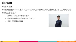 Copyright (C) 2018 DeNA Co.,Ltd. All Rights Reserved.
自己紹介
 鈴木 翔太
 株式会社ディー・エヌ・エー システム本部AIシステム部MLエンジニアリングG
 MLエンジニア
⁃ AI/MLシステムの本番組み込み
⁃ データの前処理・データパイプライン
⁃ 分析、学習環境の構築
2
 