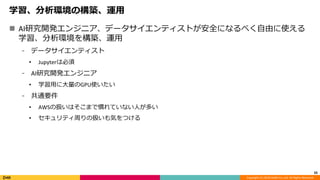 Copyright (C) 2018 DeNA Co.,Ltd. All Rights Reserved.
学習、分析環境の構築、運用
 AI研究開発エンジニア、データサイエンティストが安全になるべく自由に使える
学習、分析環境を構築、運用
⁃ データサイエンティスト
• Jupyterは必須
⁃ AI研究開発エンジニア
• 学習用に大量のGPU使いたい
⁃ 共通要件
• AWSの扱いはそこまで慣れていない人が多い
• セキュリティ周りの扱いも気をつける
33
 