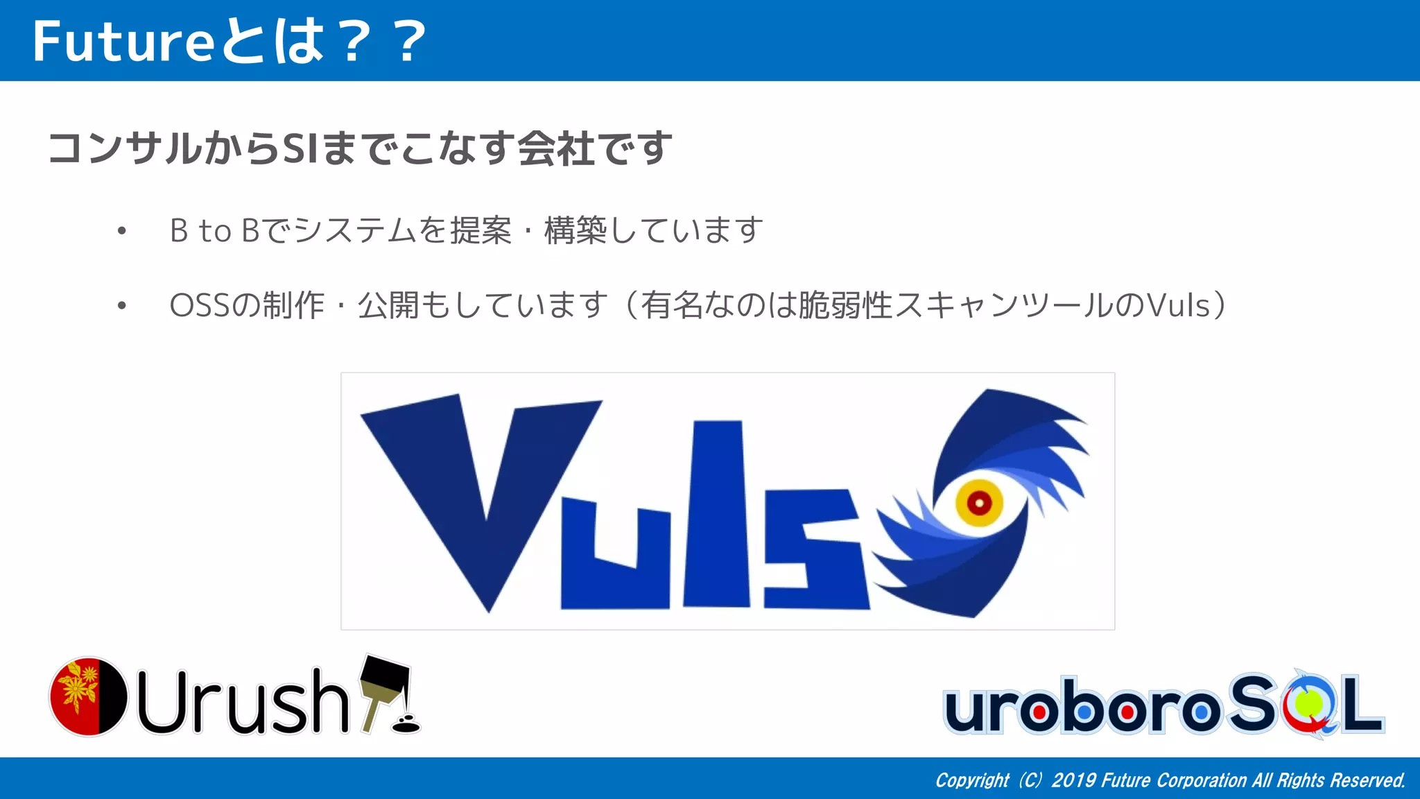 Futureとは？？
コンサルからSIまでこなす会社です
• B to Bでシステムを提案・構築しています
• OSSの制作・公開もしています（有名なのは脆弱性スキャンツールのVuls）
 