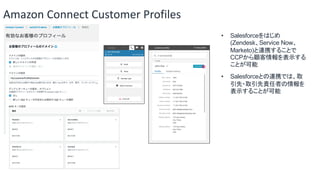 Amazon Connect Customer Profiles
• Salesforceをはじめ
(Zendesk、Service Now、
Marketo)と連携することで
CCPから顧客情報を表示する
ことが可能
• Salesforceとの連携では、取
引先・取引先責任者の情報を
表示することが可能
 