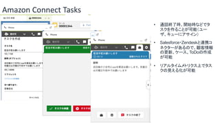 Amazon Connect Tasks
• 通話終了時、開始時などでタ
スクを作ることが可能（ユー
ザ、キューにアサイン）
• Salesforce・Zendeskと連携コ
ネクターがあるので、顧客情報
の更新、ケース、ToDoの作成
が可能
• リアルタイムメトリクス上でタス
クの見える化が可能
 