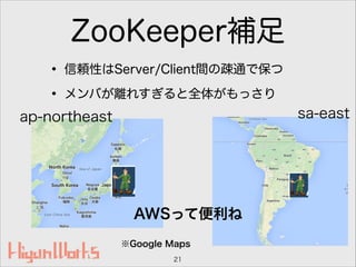 ZooKeeper補足
• 信頼性はServer/Client間の疎通で保つ
• メンバが離れすぎると全体がもっさり
21
※Google Maps
ap-northeast sa-east
AWSって便利ね
 