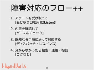 障害対応のフロー++
1. アラートを受け取って 
[受け取り口を用意(Listen)]
2. 内容を確認して 
[パース＆チェック]
3. 既知なら手順に沿って対応する 
[ディスパッチ・レスポンス]
4. 分からなかったら報告・連絡・相談 
[ログなど]
53
 