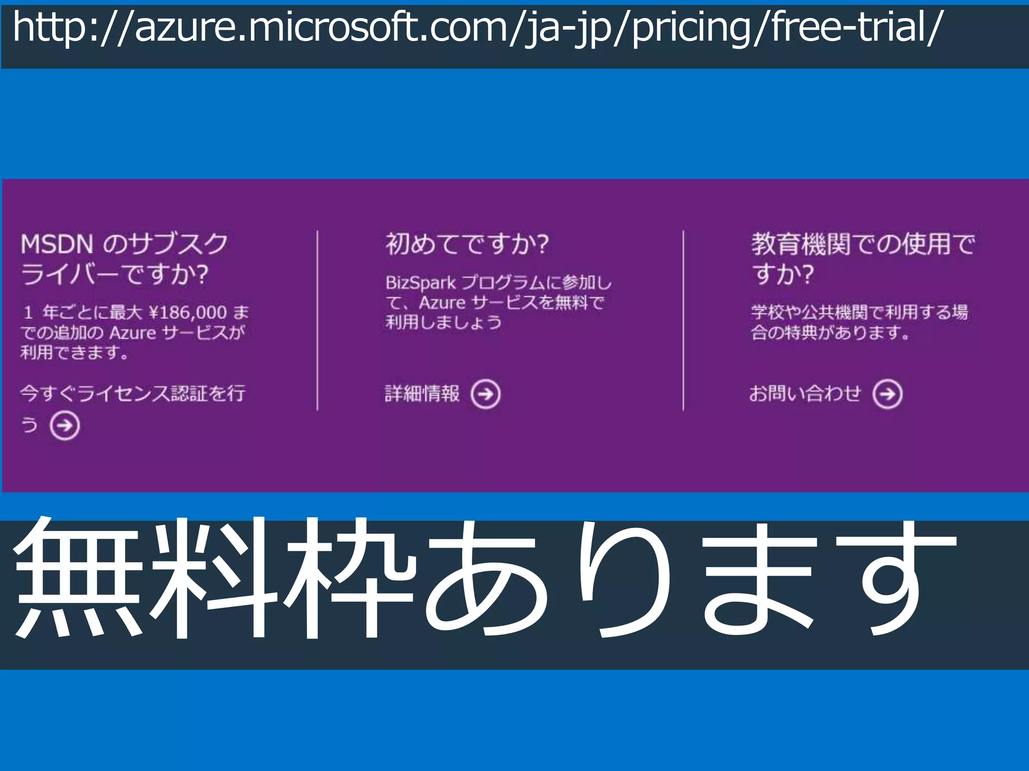 http://azure.microsoft.com/ja-jp/pricing/free-trial/ 
無料枠あります 
 